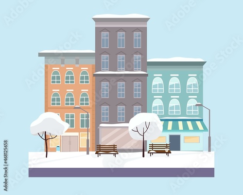 Winter city with a bench, trees, snow, coffee, against the background of multi-storey buildings. Vector illustration in a flat style