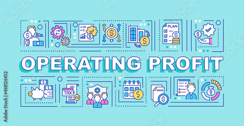 Operating profit word concepts banner. Company earnings. Infographics with linear icons on cyan background. Isolated creative typography. Vector outline color illustration with text