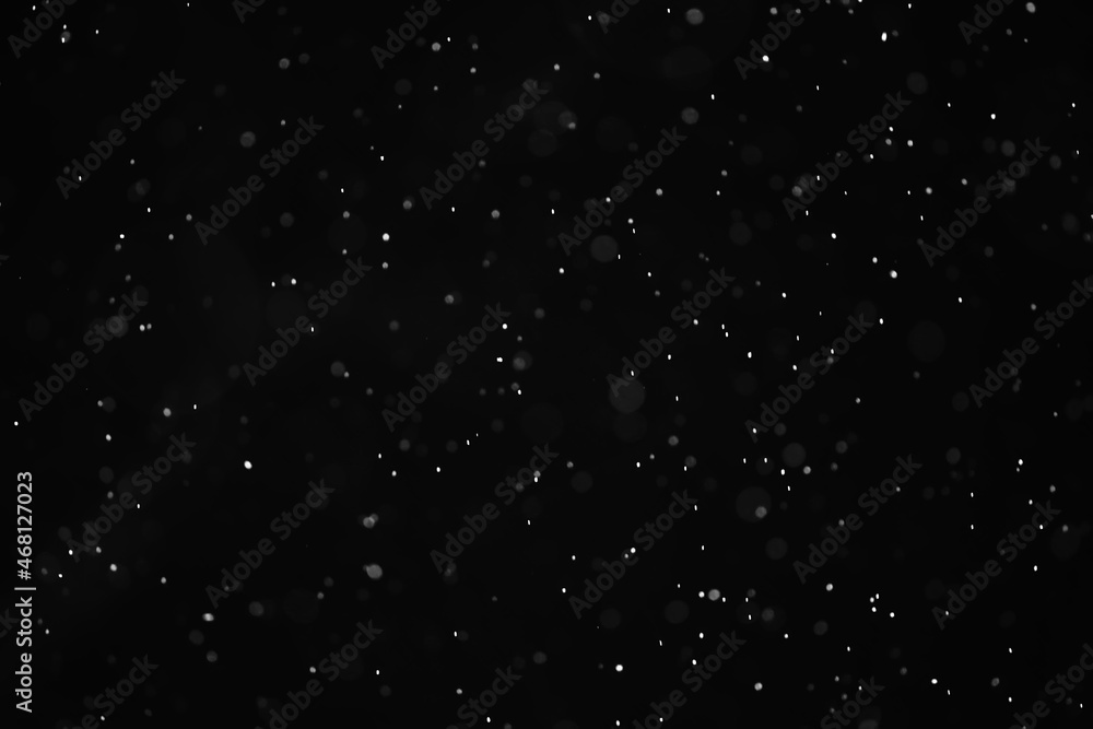 snow black background abstract texture, snowflakes falling in the sky overlay