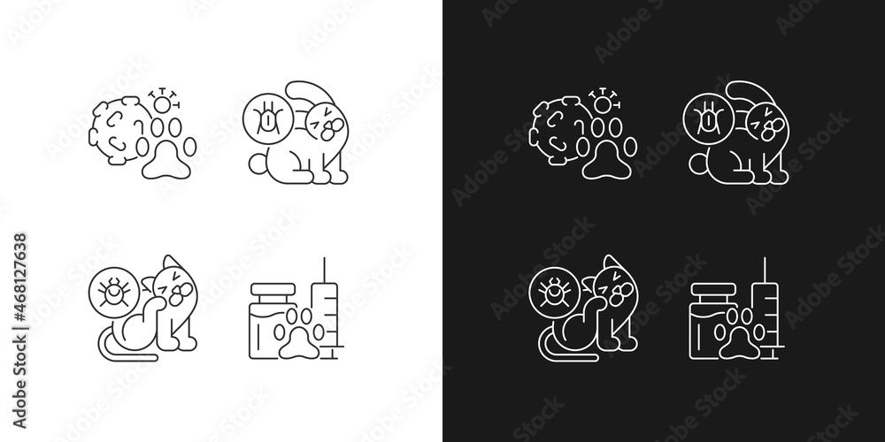 Pet parasites linear icons set for dark and light mode. Fleas and ticks. Ear infection. Domestic animal vaccine. Customizable thin line symbols. Isolated vector outline illustrations. Editable stroke Pet parasites linear icons set for dark and light mode. Fleas and ticks. Ear infection. Domestic animal vaccine. Customizable thin line symbols. Isolated vector outline illustrations. Editable stroke