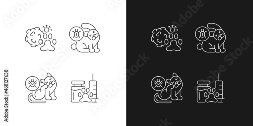 Pet parasites linear icons set for dark and light mode. Fleas and ticks. Ear infection. Domestic animal vaccine. Customizable thin line symbols. Isolated vector outline illustrations. Editable stroke
