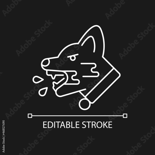 Rabies white linear icon for dark theme. Viral pet disease. Virus transmitted through bite. Thin line customizable illustration. Isolated vector contour symbol for night mode. Editable stroke