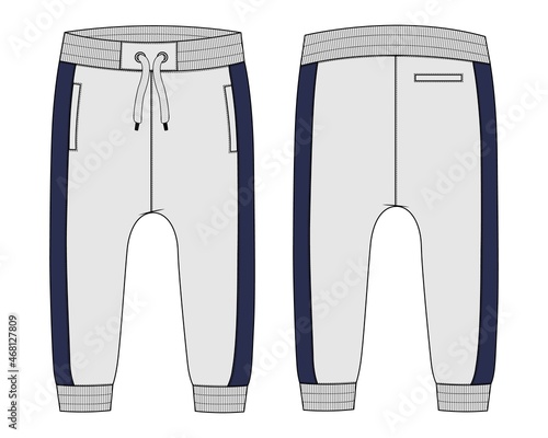 Fleece cotton jersey basic Sweat pant technical fashion flat sketch template front and back views. Apparel jogger pants vector illustration mock up for kids and boys. Fashion design drawing CAD.