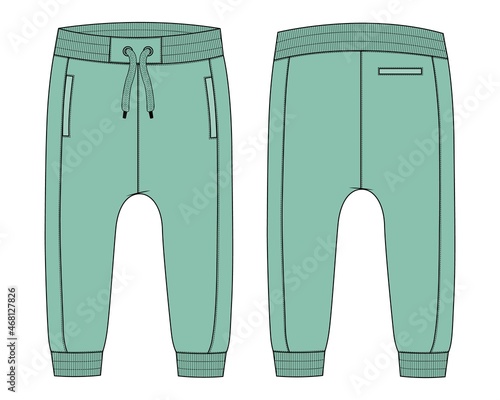 Fleece cotton jersey Sweat pant technical fashion flat sketch template front and back views. Apparel jogger pants Green color vector illustration mock up for kids and boys. Fashion design drawing CAD.