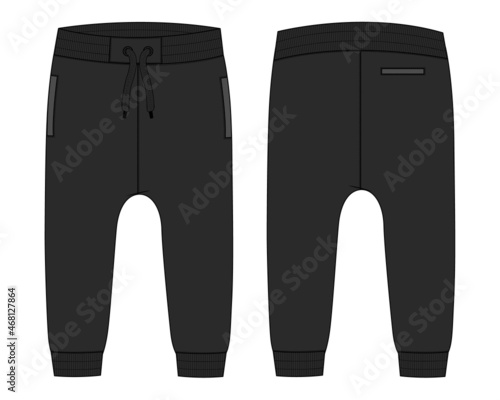 Black  color Basic Sweat pant technical fashion flat sketch template front, back views. Apparel Fleece Cotton jogger pants vector illustration drawing mock up for kids and boys.
