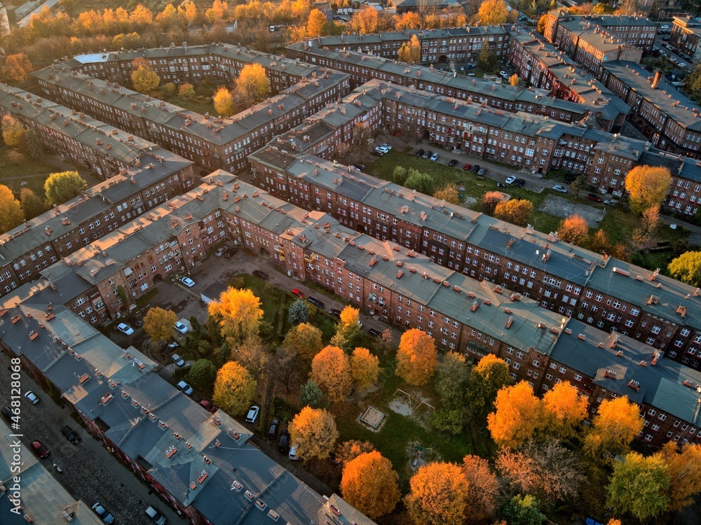 Nikiszowiec mining estate in Katowice at sunset