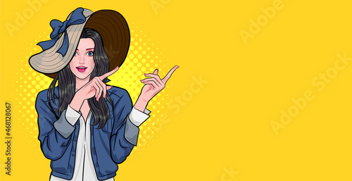 smiling woman with big hat looking and point her hand