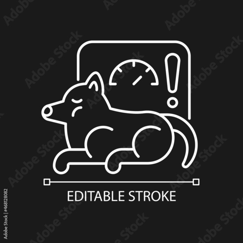 Obesity white linear icon for dark theme. Excessive body fat. Pet disease. Overweight illness. Thin line customizable illustration. Isolated vector contour symbol for night mode. Editable stroke