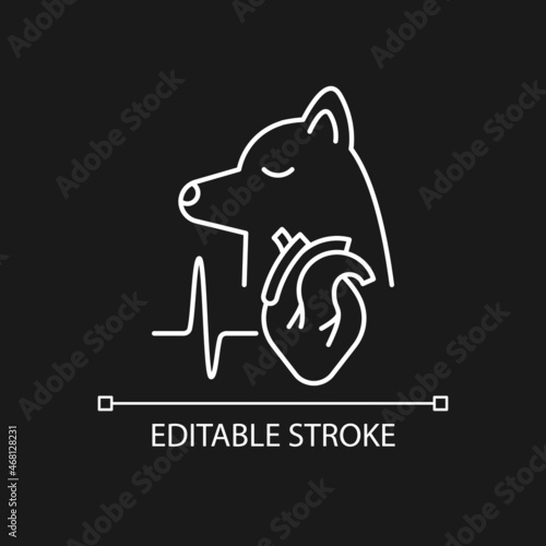 Pet heart disease white linear icon for dark theme. Cardiovascular pet disease. Heart problems. Thin line customizable illustration. Isolated vector contour symbol for night mode. Editable stroke