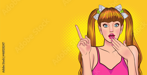surprised woman looking and point her hand tospace