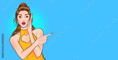 surprised woman looking and point somthing