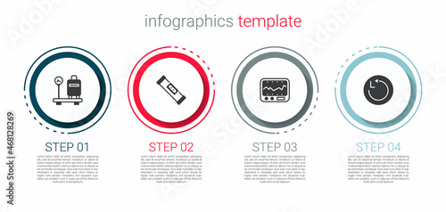Set Scale with suitcase, Construction bubble level, Measuring instrument and Radius. Business infographic template. Vector