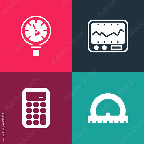 Set pop art Protractor, Calculator, Measuring instrument and Pressure water meter icon. Vector