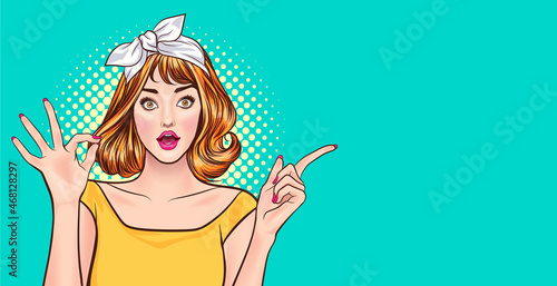 surprised woman looking with okay gesture and point