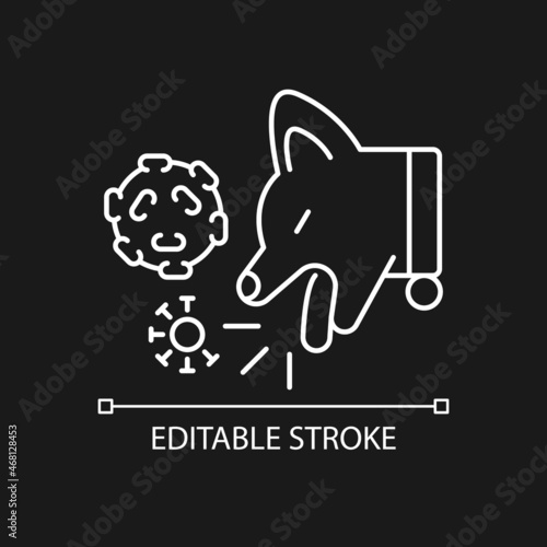 Kennel cough white linear icon for dark theme. Dogs bronchitis. Pet respiratory system disease. Thin line customizable illustration. Isolated vector contour symbol for night mode. Editable stroke