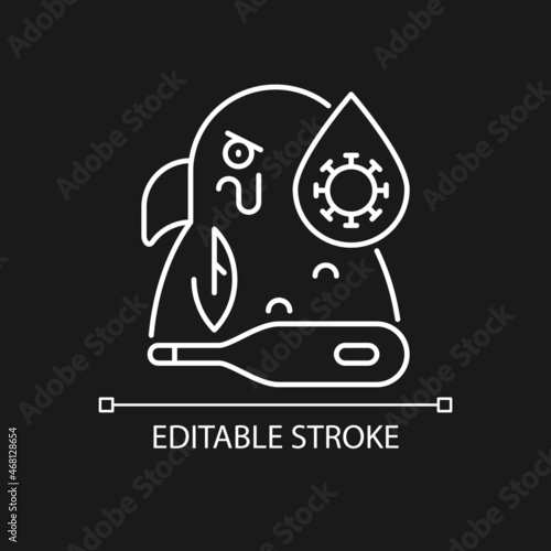 Psittacosis white linear icon for dark theme. Parrot fever, ornithosis. Zoonotic bird disease. Thin line customizable illustration. Isolated vector contour symbol for night mode. Editable stroke