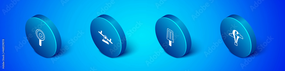 Set Isometric Lollipop, Ice cream, Hot air balloon and Seesaw icon. Vector Set Isometric Lollipop, Ice cream, Hot air balloon and Seesaw icon. Vector