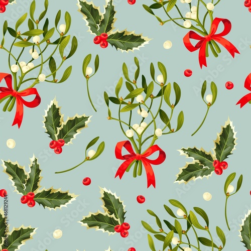 Vector seamless pattern with mistletoe and holly