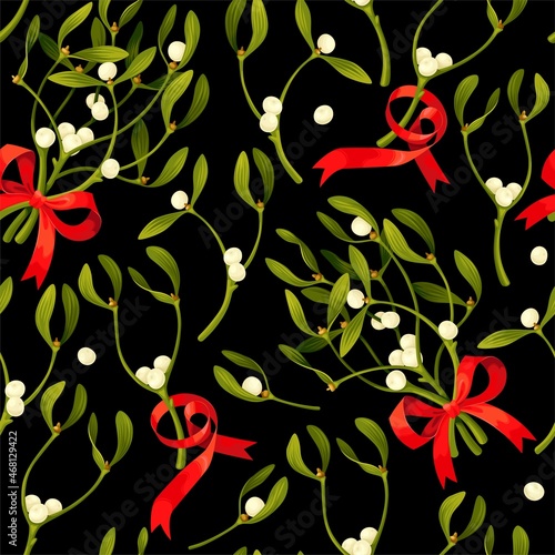Vector seamless pattern with mistletoe and red bow