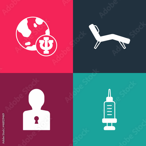 Set pop art Addiction to the drug, Solution problem, Armchair and Psychology, Psi icon. Vector