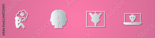 Set paper cut Helping hand, Bipolar disorder, Rorschach test and Psychologist online icon. Paper art style. Vector