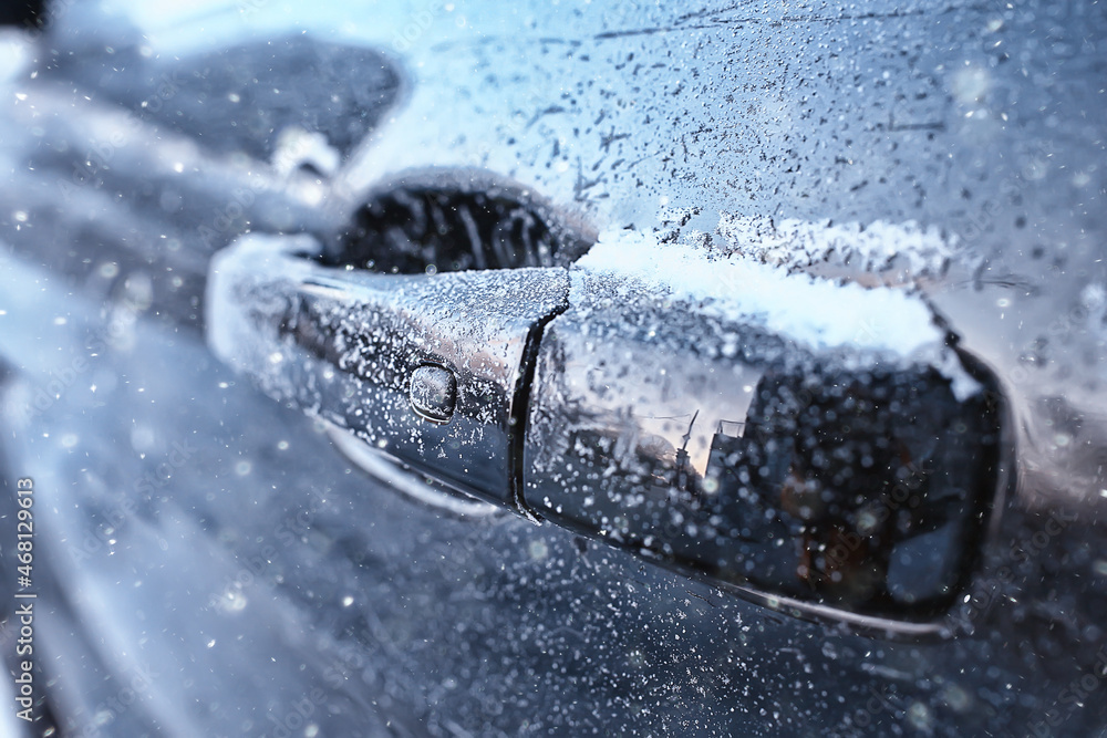 Fragment of a car in winter in hoarfrost background december city Fragment of a car in winter in hoarfrost background december city