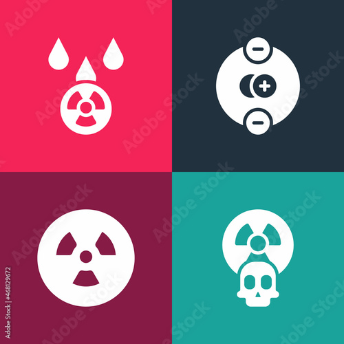 Set pop art Radioactive, , Atom and Acid rain and radioactive cloud icon. Vector
