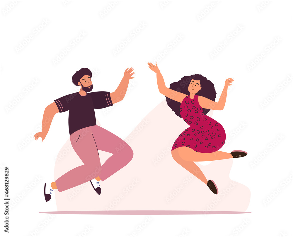 Happy Woman and Man Jumping on White Background. Young Joyful Characters Jump or Dancing with Raised Hands. Happiness, Freedom, Motion and Motivational Concept. Cartoon People Vector Illustration