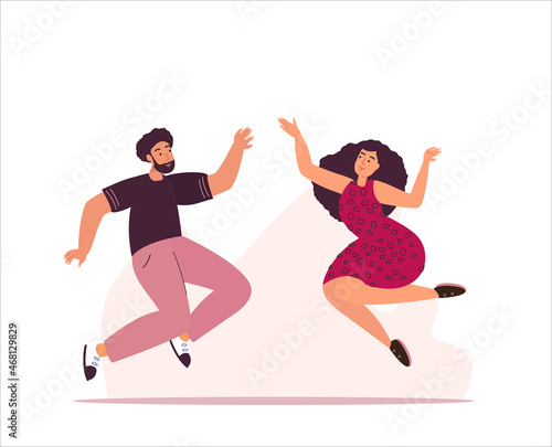 Happy Woman and Man Jumping on White Background. Young Joyful Characters Jump or Dancing with Raised Hands. Happiness, Freedom, Motion and Motivational Concept. Cartoon People Vector Illustration