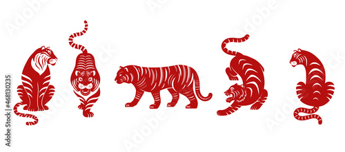 Chinese new year 2022 year of the tiger - Collection of red traditional Chinese zodiac symbol, illustrations, art elements. , Lunar new year concept, modern design