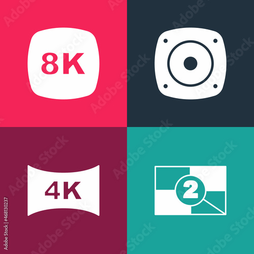 Set pop art Old film movie countdown frame, Screen tv with 4k, Stereo speaker and 8k Ultra HD icon. Vector
