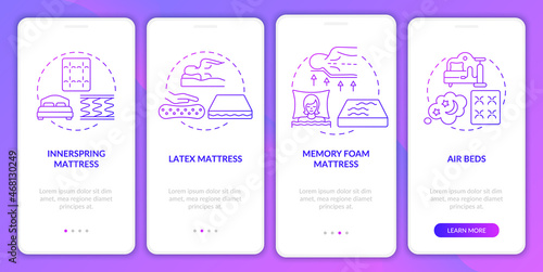 Common mattress types purple gradient onboarding mobile app page screen. Walkthrough 4 steps graphic instructions with concepts. UI, UX, GUI vector template with linear color illustrations