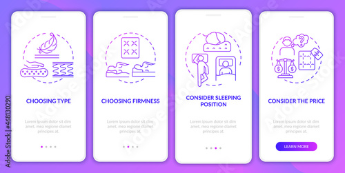 Choosing mattress purple gradient onboarding mobile app page screen. Walkthrough 4 steps graphic instructions with concepts. UI, UX, GUI vector template with linear color illustrations