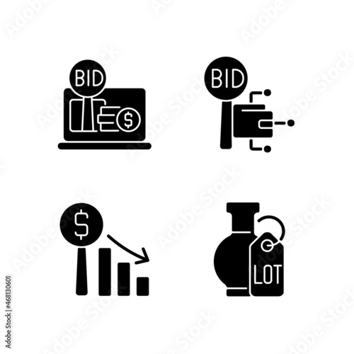 Electronic auctioning black glyph icons set on white space. Online bargaining. Dutch auction. Bidding for art objects. Selling property and antique. Silhouette symbols. Vector isolated illustration
