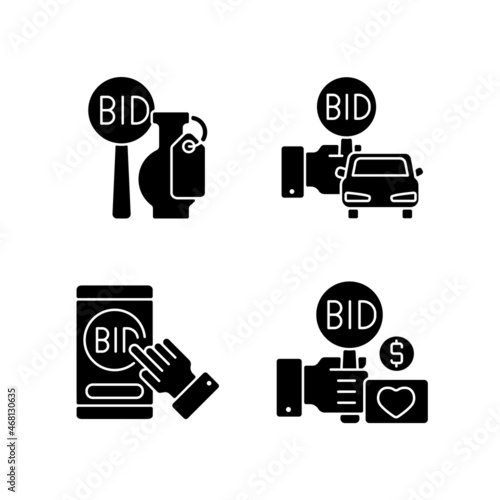 Auction items black glyph icons set on white space. Art objects and vehicle selling. Online app for bargaining. Selling property and antique. Silhouette symbols. Vector isolated illustration