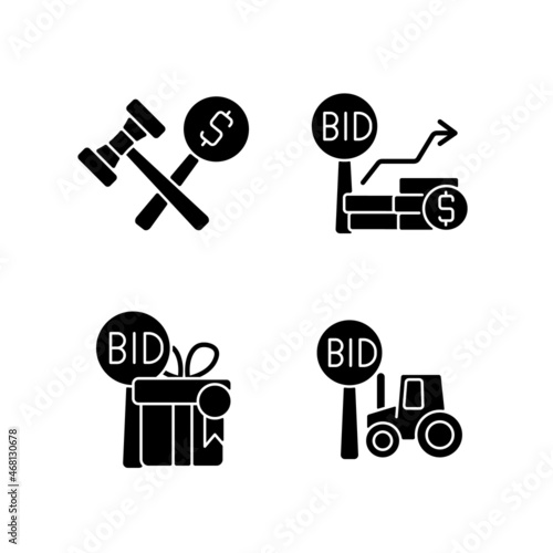 Agriculture auction components black glyph icons set on white space. Bidding increments. Farm equipment selling. Selling property and antique. Silhouette symbols. Vector isolated illustration