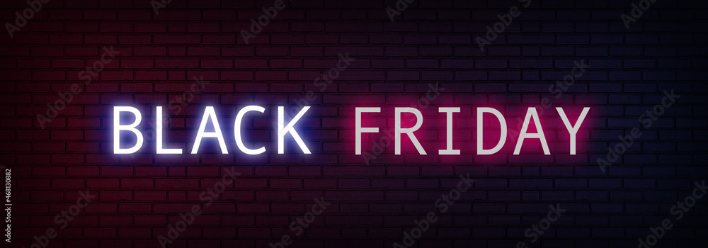 Black Friday text with neon light on brick wall background. Glowing blue and red neon text for advertising, banner and background, brochure and flyer design concept.