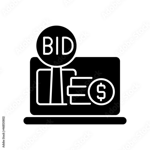 Online auction black glyph icon. Electronic commerce. Highest bid wins. Online marketplace. Buying antiques and real estate. Silhouette symbol on white space. Vector isolated illustration