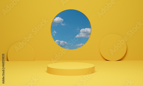 3d rendering. Abstract yellow background scene minimal geometric with cloud blue sky.