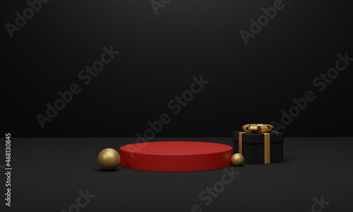 Red podium and black gift box with gold bows. Minimal product background for Christmas, New year and sale event concept. 3D render
