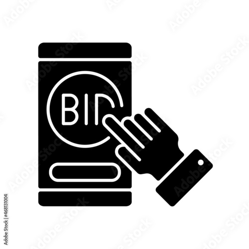 Auction mobile app black glyph icon. Smartphone software. Bidding competition application. E commerce. Bargaining online. Silhouette symbol on white space. Vector isolated illustration