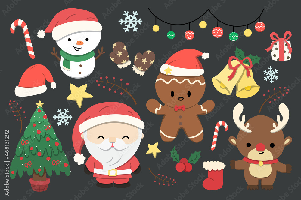 Set of cute Christmas and New Year elements with Santa Claus, Snowman, Reindeer,gift,bell,Gingerbread Men and Christmas decorations illustration. Set of cute Christmas and New Year elements with Santa Claus, Snowman, Reindeer,gift,bell,Gingerbread Men and Christmas decorations illustration.