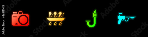 Set Photo camera, Canoe rowing team sports, Snorkel and Fishing harpoon icon. Vector