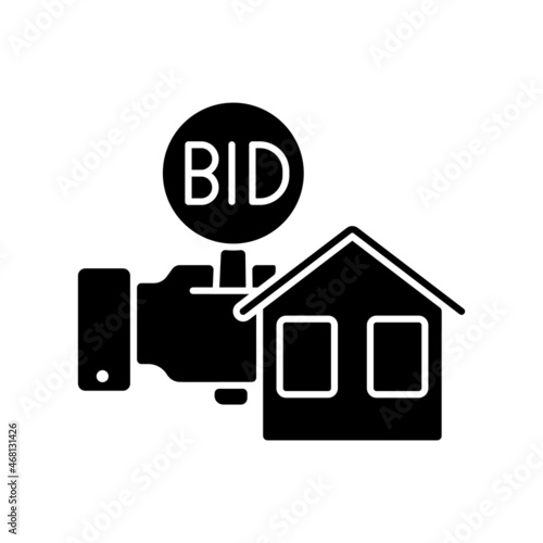 Real estate auction black glyph icon. Competitive bidding for property. Selling buildings and land. Bargaining for house. Silhouette symbol on white space. Vector isolated illustration