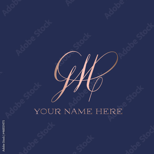 GM monogram logo.Calligraphic signature icon.Letter g and letter m.Lettering sign isolated on dark fund.Wedding, fashion, beauty alphabet initials.Elegant, luxury handwritten style.
