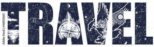 Travel slogan. Lettering art. Flying hawk, mountains and compass. Double exposure print. Black and white surreal graphic Symbol of the wild nature, outdoor and freedom