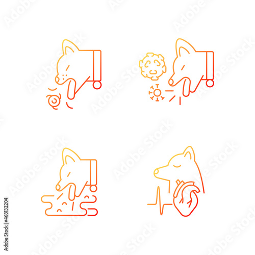 Pet stomach illness gradient linear vector icons set. Vomiting and kennel cough problems. Domestic animals diseases. Thin line contour symbols bundle. Isolated outline illustrations collection