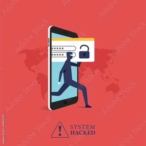 Hacker stealing data concept from phone. Warning of a system hacked. cyber crime vector illustration