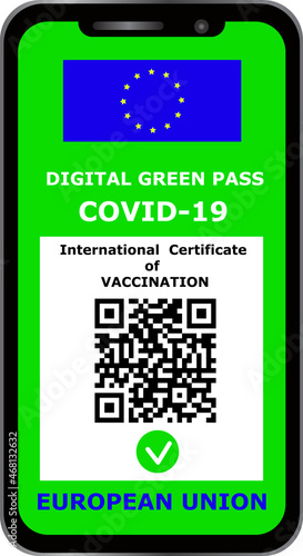 Vector image of trh green pass passport accepted by Europen Union of the international certificate of covid-19 vaccination shown on the smart phone with qr code identity. photo