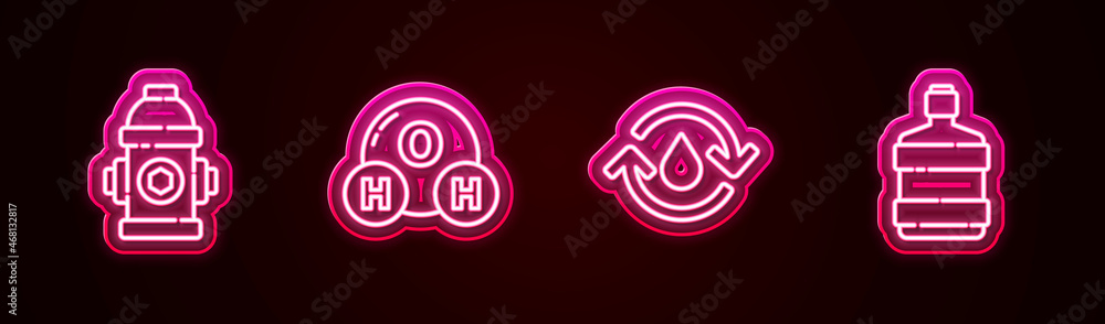 Set line Fire hydrant, Chemical formula for H2O, Recycle clean aqua and Big bottle with water. Glowing neon icon. Vector Set line Fire hydrant, Chemical formula for H2O, Recycle clean aqua and Big bottle with water. Glowing neon icon. Vector
